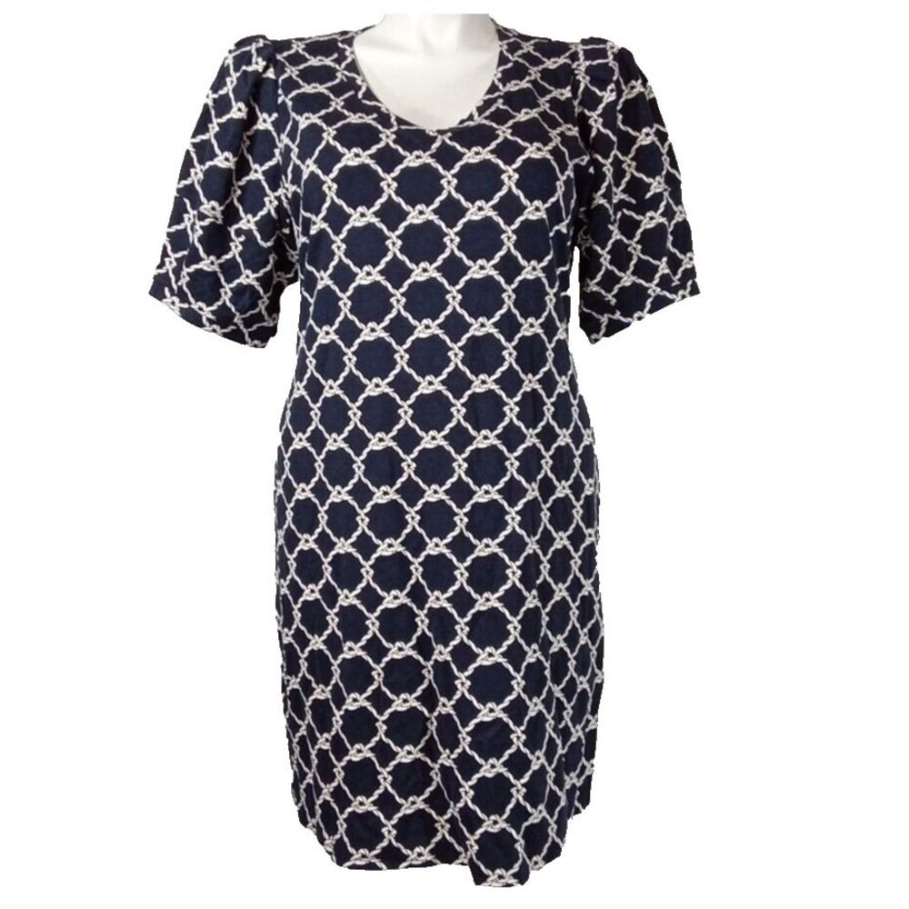 CABi Dress LARGE Navy Blue White Chain Pattern Stretch Short Sl Business Casual